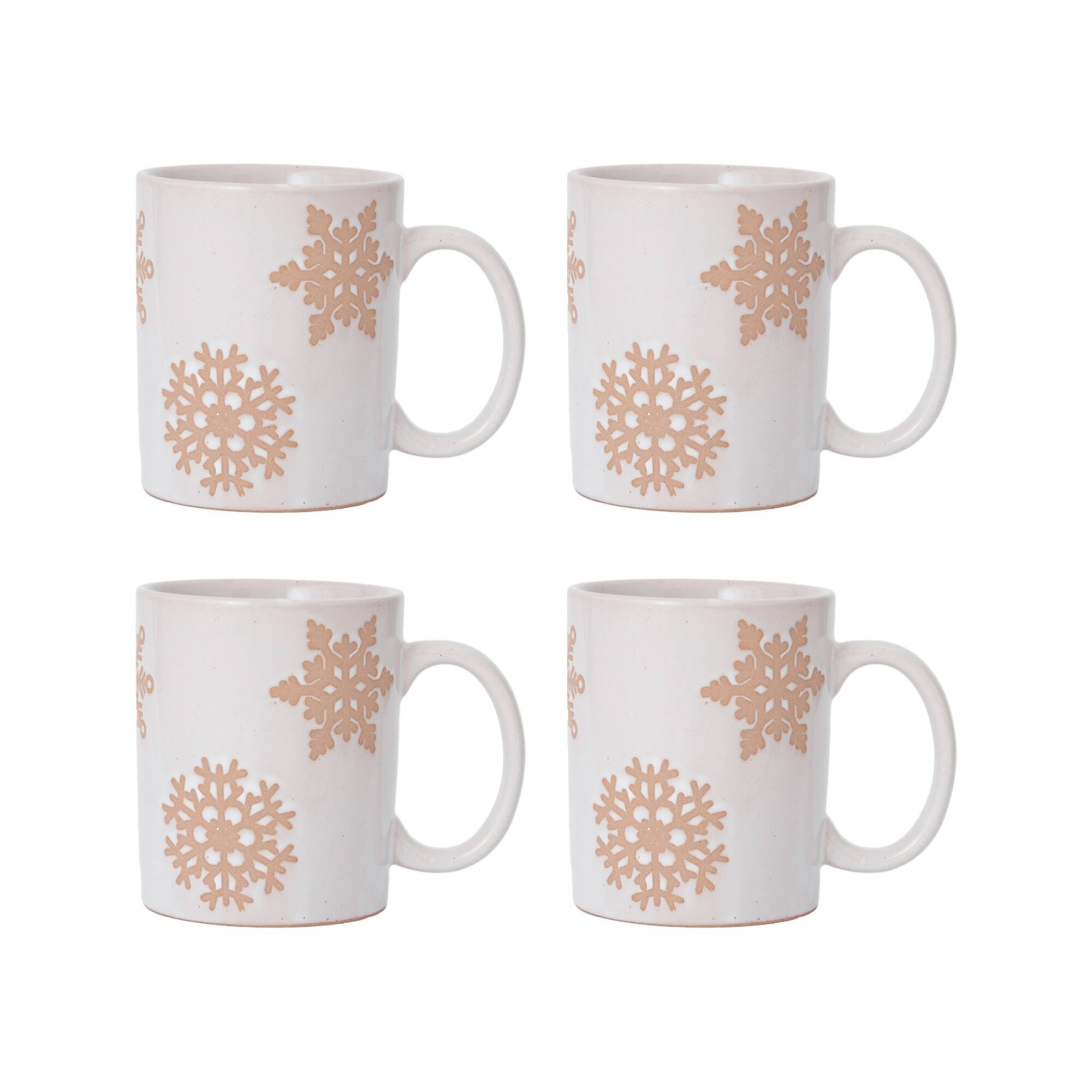 Hello Honey® 3.75" White & Orange Round Stoneware Snowflake Mugs, 4ct.